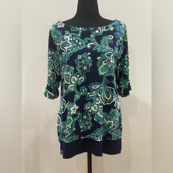 Charter Club Tops - Charter Club M Petite Navy Patterned Blouse‎ with Cuffed Sleeves and Stretch